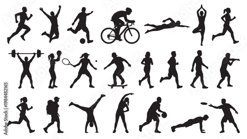 Active Sport and Fitness Silhouette Set for Health App Design, Sports Education, Athletic Lifestyle Promotion and Recreation Platform Projects