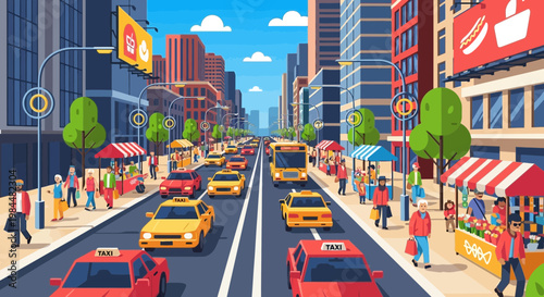 Busy City Street with Traffic, Pedestrians, and Market Stalls