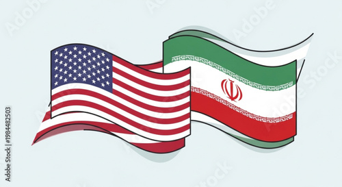 American and iranian flags waving side by side on light blue background symbolizing diplomacy and international relations between united states and iran