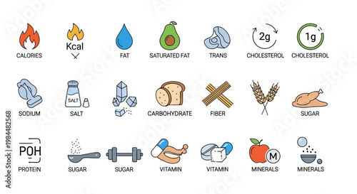 Comprehensive Nutrition Facts and Dietary Elements Icon Set for Health and Wellness Applications and Food Labeling