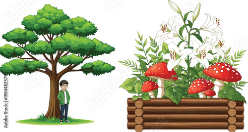 Large Green Tree with Man Standing in Nature and Wooden Garden Bed with White Lily Flowers and Red Mushrooms Vector Illustration