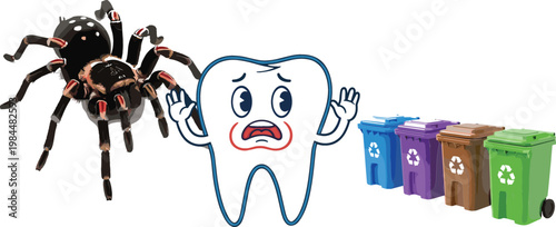 Scary Spider with Crying Tooth Cartoon Character and Colorful Recycling Bins Waste Management Vector Illustration Set