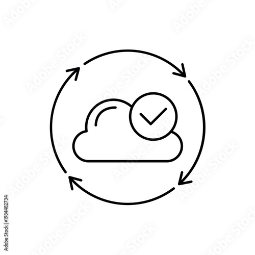 icon an offset verification with circular checkmark and cloud, on a clean background.