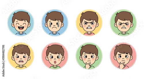 Set of Cartoon Little Boy Facial Expressions showing Different Emotions including Happy Sad Angry Surprised Scared and Thinking in Circular Icons
