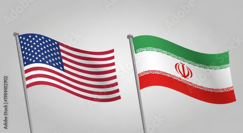 Waving american and iranian flags side by side on silver flagpoles against a light gray background symbolizing diplomacy and international relations between the usa and iran