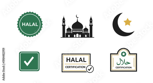 Set of icons representing Halal certification and Islamic symbols like mosques and crescent moon