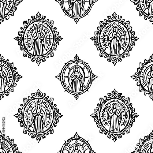 Catholic Mary Themed Seamless Patten– Black and White Line Art Background Vector 