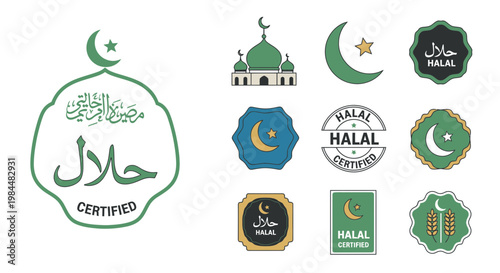 Comprehensive collection of Halal certified labels and emblems, featuring Islamic symbols like the crescent moon and mosque designs, ensuring compliance with dietary and ethical standards