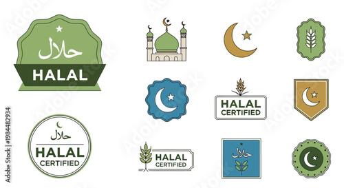 Modern vector collection of Halal certified labels, badges, and Islamic symbols for food, products, and services, ensuring compliance and quality