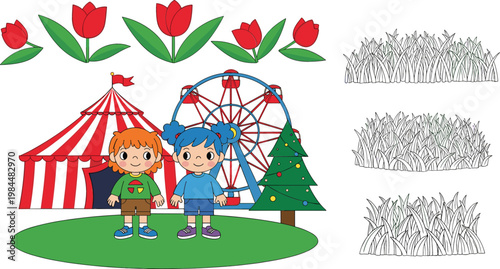 Cute Cartoon Kids at Amusement Park with Circus Tent Ferris Wheel Christmas Tree Tulip Flowers and Grass Elements Vector Illustration Set