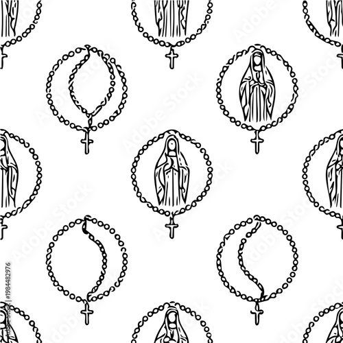 Catholic Mary Themed Seamless Patten– Black and White Line Art Background Vector 