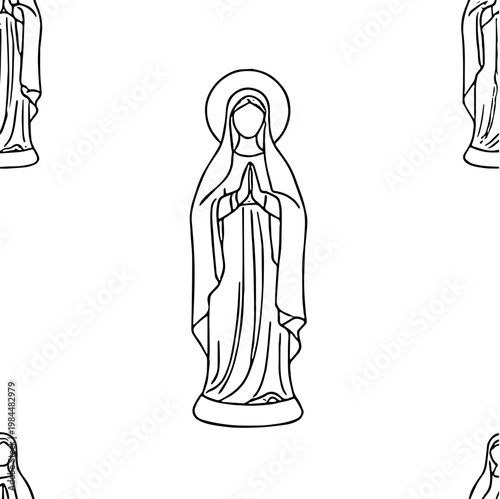 Catholic Mary Themed Seamless Patten– Black and White Line Art Background Vector 