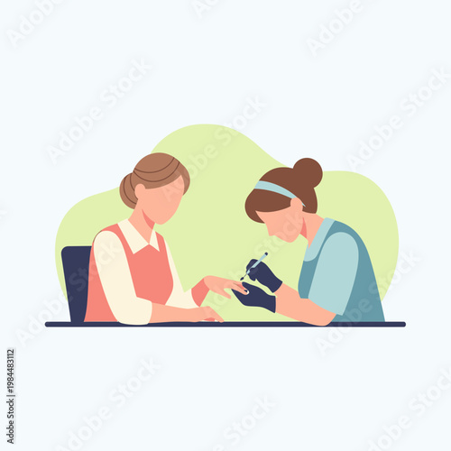 Professional nail technician performing a manicure service for a client in a beauty salon, flat vector illustration.