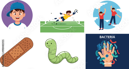 Cartoon Vector Set Featuring Boy Avatar, Soccer Goalkeeper Action, Friendship Characters, Adhesive Bandage, Cute Worm and Bacteria Hygiene Illustration