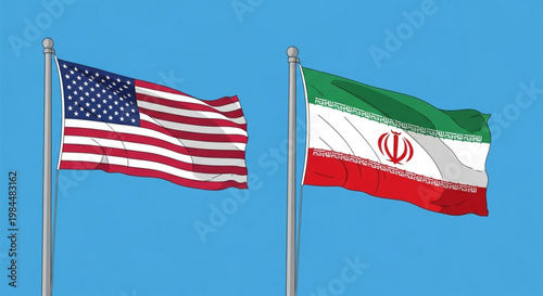 American and iranian flags waving on poles against clear blue sky symbolizing international relations