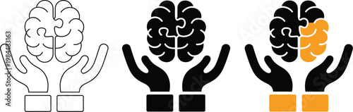 Mental health care support icon set with psychological brain puzzle solution symbols for therapy and wellness concept