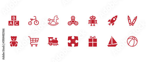 Childrens Toys and Play Vector Icons Set Kids Games, Education and Fun Glyphs for UI UX Design
