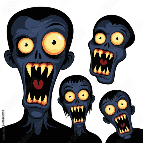 Set of Scary Zombie and Monster Faces with Sharp Teeth and Glowing Yellow Eyes for Halloween