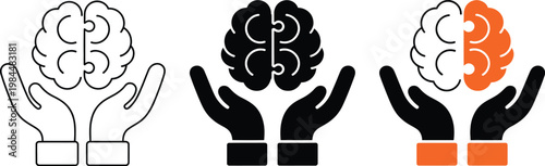 Mental health care support icon set featuring brain puzzle symbols for psychological therapy and emotional wellness