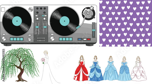 DJ Turntable Vinyl Player with Heart Pattern Background, Wedding Bride Dresses Collection and Willow Tree Vector Illustration Set