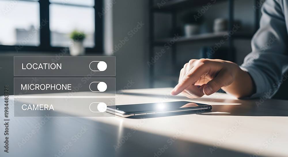 Obraz premium User's hand interacts with smartphone privacy settings, managing access to location, microphone, and camera data for enhanced security