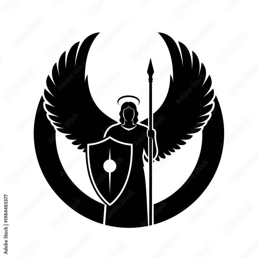Fototapeta premium Archangel Michael Warrior Silhouette Icon with Wings Shield and Spear Vector Illustration
