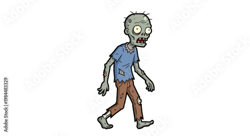 Cartoon Zombie Character Shambling in Tattered Clothes Isolated on White Background