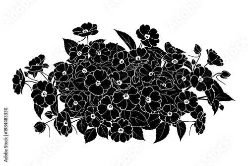 A black and white illustration of a dense cluster of flowers with leaves on a plain white background showcasing intricate details and patterns