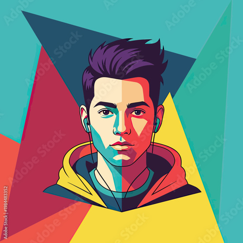 Vector illustration of a stylish young man wearing earphones and a hoodie on a vibrant colorful geometric background, pop art portrait.