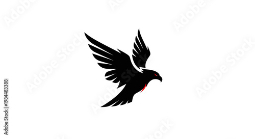 Powerful black eagle silhouette in flight with red eye detail, minimalist bird of prey vector illustration isolated on white