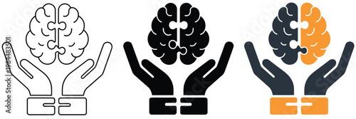 Mental health care support icon set with brain puzzle solution design for psychology therapy and wellness concept