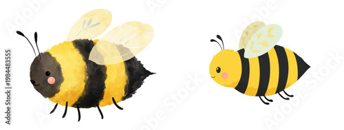 Set of two cute watercolor bee illustrations in yellow and black, hand painted insect characters on black background