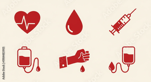 Medical icons representing blood donation and health.