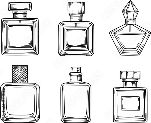 Collection of hand drawn black and white perfume bottles with varied cap and bottle shapes
