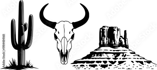 Black and white of a saguaro cactus, bull skull, and mesa in a desert landscape