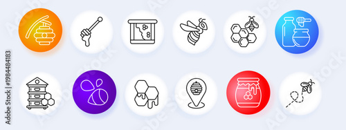 Beekeeping tools set icon. Hive smoker frame bee comb honey jar drop location path insect line icons minimal outline style apiary equipment collection.