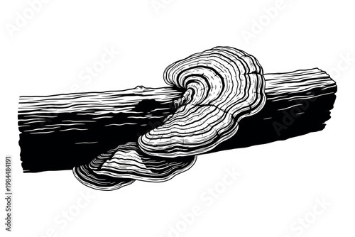 Tableau sur toile A black and white illustration of a bracket fungus growing on a log with a detai