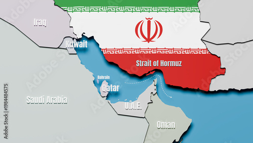 Map of Iran with Iranian flag overlay and the Strait of Hormuz, dotted arrow depicting the strait. Named neighbour countries. English language