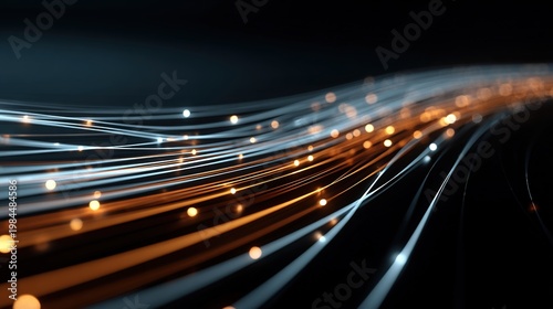 transfer. Abstract streams of light on a dark background representing digital data flow. product launch decks, UI/UX mockups, designed for data visualization dashboards and holographic UIs.