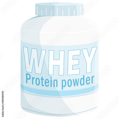 White whey protein powder jar with light blue labels. Clean, professional graphic, ideal for health icons, fitness infographics, and sports nutrition branding.