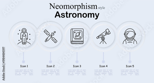 Astronomy set icon. Astronaut standing figure, orbital satellite device, astronomy book with planet diagram, telescope on tripod, helmeted cosmonaut portrait