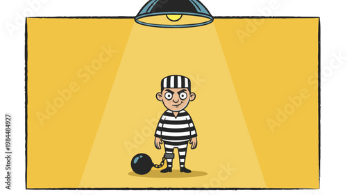 Prisoner standing under spotlight with ball and chain illustration