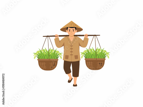 Asian Farmer Carrying Rice Harvest Baskets on Shoulder Pole