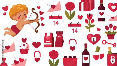 Clean romantic holiday vector composition featuring cupid hearts flowers chocolate envelope and shopping bag in simple love themed illustration