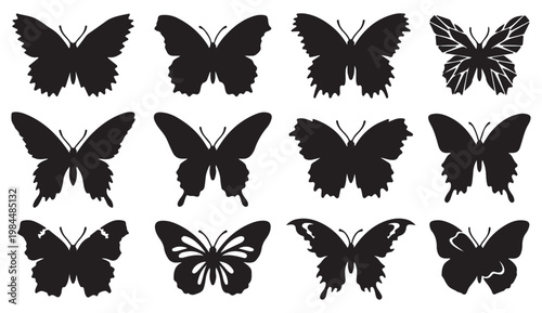 Black butterfly silhouette collection, set of 12 decorative insect icons, elegant butterfly wing shapes for nature design and tattoo art
