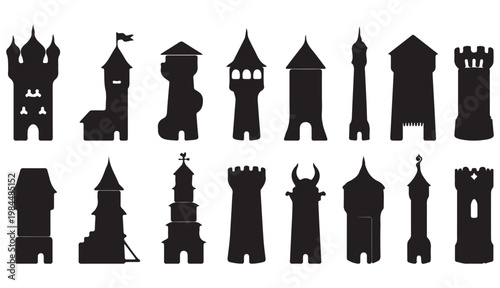 Medieval castle tower silhouettes set, 16 black fortress icons, ancient architecture elements for fantasy maps and historical game design