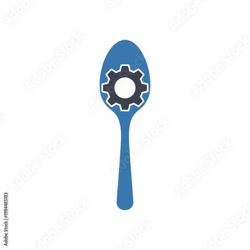 Spoon with gear icon on blue background.