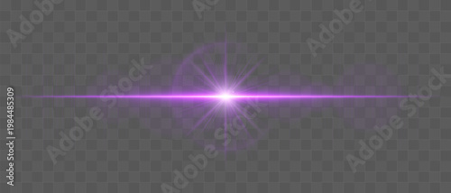 Abstract glowing energy burst with radiant light waves and horizontal beam, lens flare effect with soft diffusion and subtle particles on transparent background