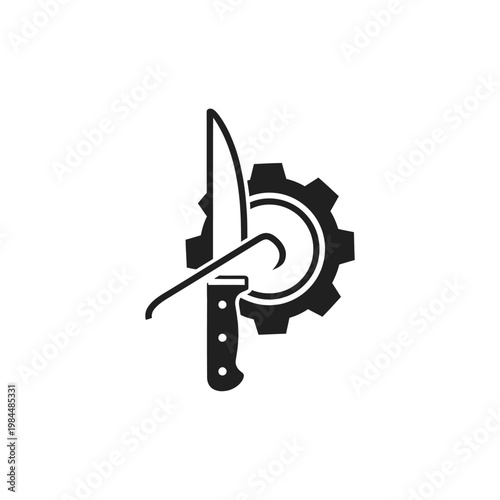 Black and white icon of a knife and gear.