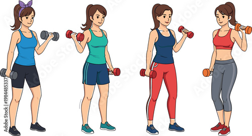 Women doing dumbbell exercises illustration set fitness workout poses with female characters strength training and healthy lifestyle design